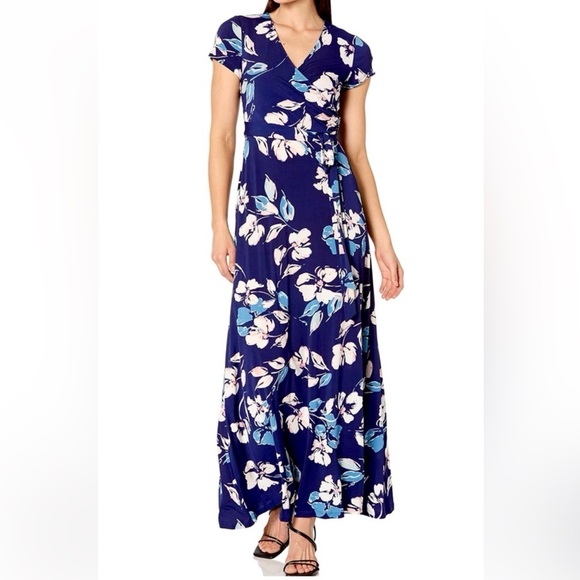 Eliza J Navy Floral Short-sleeve Faux Wrap Maxi Dress Sz 12 - Picture 1 of 10